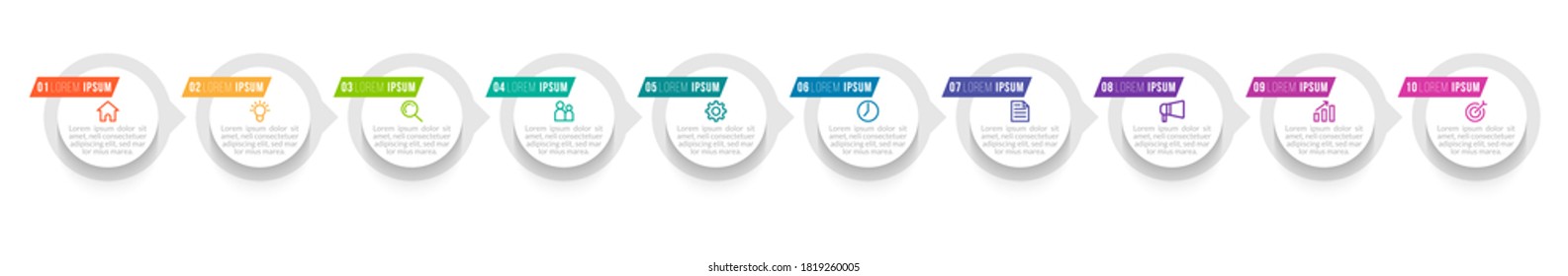 Plantilla mínima de infografías empresariales. Línea de tiempo con 10 pasos, opciones e íconos de marketing .Infografía lineal vectorial con diez elementos conectados. Se puede usar para la presentación.