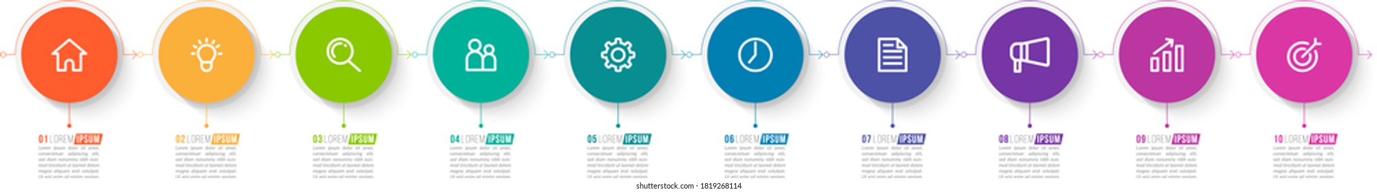 Minimal Business Infographics template. Timeline with 10 steps, options and marketing icons .Vector linear infographic with ten conected elements. Can be use for presentation.