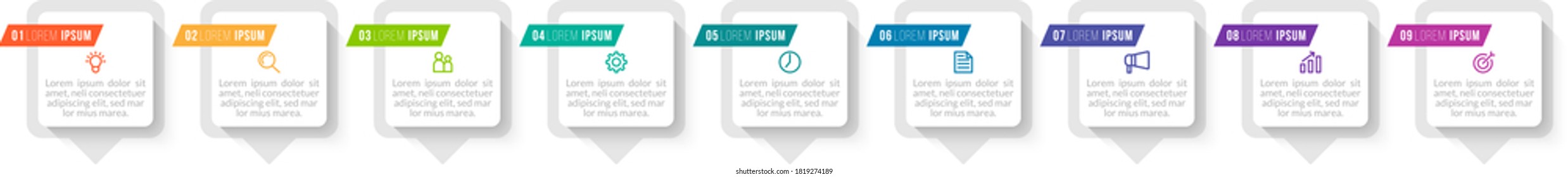 Minimal Business Infographics template. Timeline with 9 steps, options and marketing icons .Vector linear infographic with nine conected elements. Can be use for presentation.