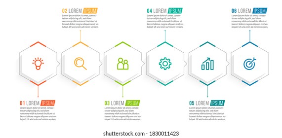 Minimal Business Infographics template. Timeline with 6 steps, options and marketing icons .Vector linear infographic with six conected elements. Can be use for presentation.
