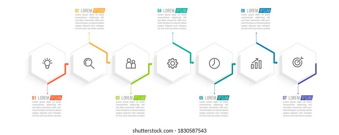 Minimal Business Infographics template. Timeline with 7 steps, options and marketing icons .Vector linear infographic with seven conected elements. Can be use for presentation.