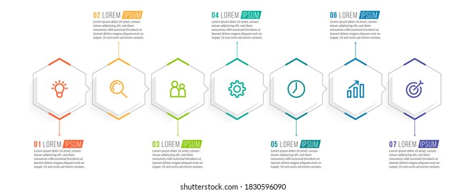 Minimal Business Infographics template. Timeline with 7 steps, options and marketing icons .Vector linear infographic with seven conected elements. Can be use for presentation.