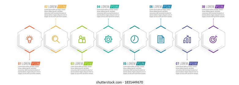 Minimal Business Infographics template. Timeline with 8 steps, options and marketing icons .Vector linear infographic with eight conected elements. Can be use for presentation.