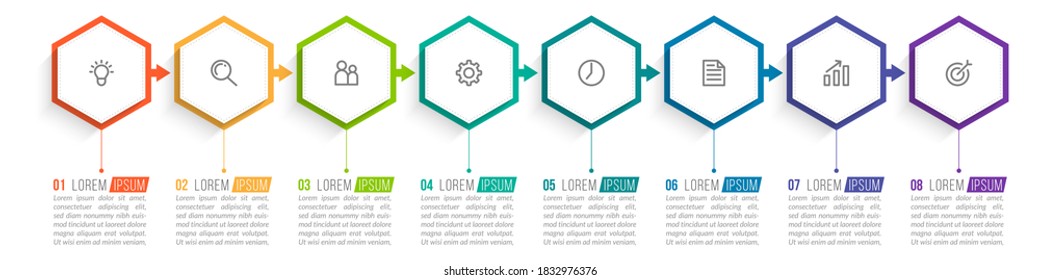 Minimal Business Infographics template. Timeline with 8 steps, options and marketing icons .Vector linear infographic with eight conected elements. Can be use for presentation.