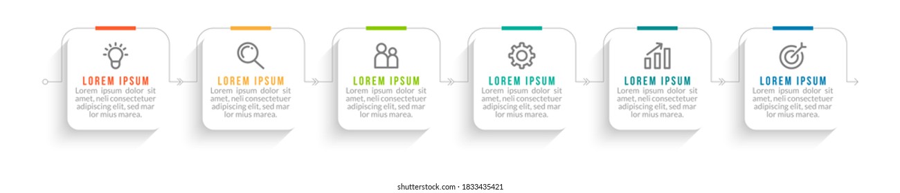 Minimal Business Infographics template. Timeline with 6 steps, options and marketing icons .Vector linear infographic with six connected elements. Can be use for presentation.