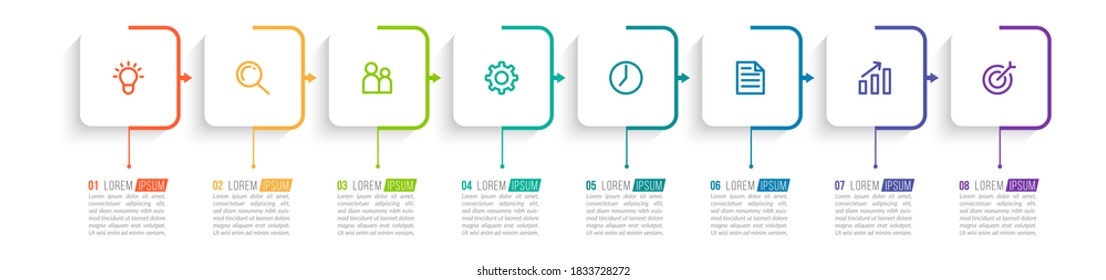 Minimal Business Infographics template. Timeline with 8 steps, options and marketing icons .Vector linear infographic with eight connected elements. Can be use for presentation