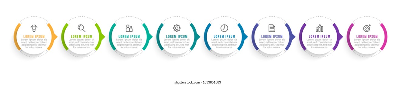 Minimal Business Infographics template. Timeline with 8 steps, options and marketing icons .Vector linear infographic with eight connected elements. Can be use for presentation