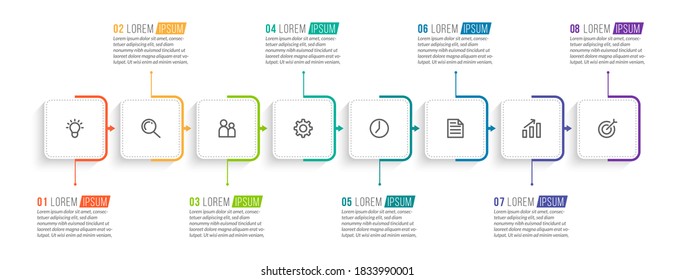 Minimal Business Infographics template. Timeline with 8 steps, options and marketing icons .Vector linear infographic with eight connected elements. Can be use for presentation