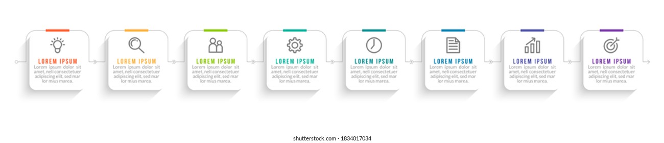 Minimal Business Infographics template. Timeline with 8 steps, options and marketing icons .Vector linear infographic with eight connected elements. Can be use for presentation