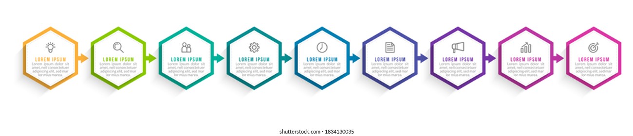 Minimal Business Infographics template. Timeline with 9 steps, options and marketing icons .Vector linear infographic with nine connected elements. Can be use for presentation.
