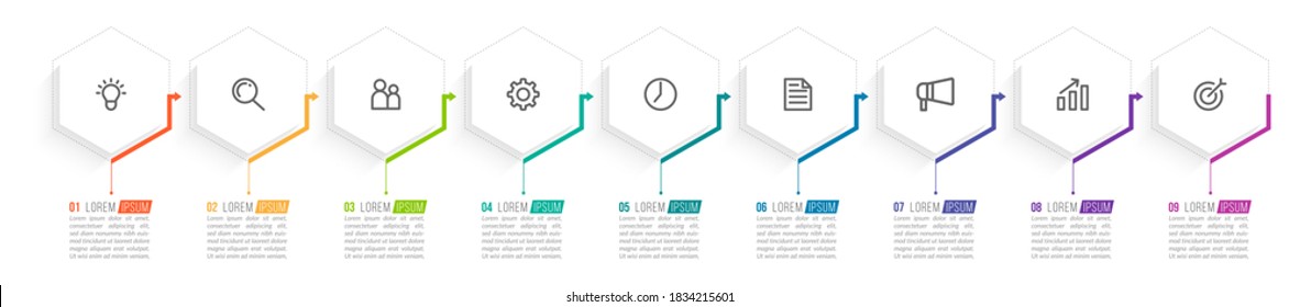 Minimal Business Infographics template. Timeline with 9 steps, options and marketing icons .Vector linear infographic with nine connected elements. Can be use for presentation.
