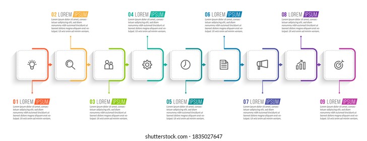 Minimal Business Infographics template. Timeline with 9 steps, options and marketing icons .Vector linear infographic with nine connected elements. Can be use for presentation.
