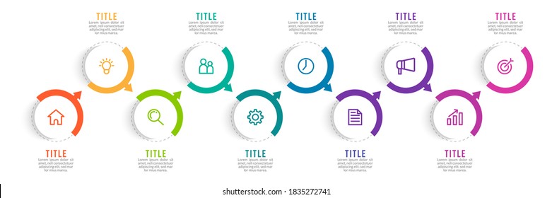 Minimal Business Infographics template. Timeline with 10 steps, options and marketing icons .Vector linear infographic with ten connected elements. Can be use for presentation