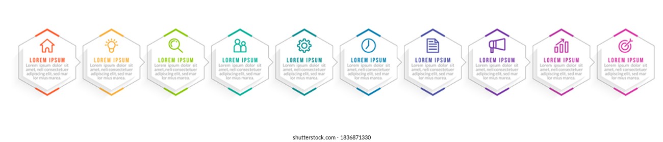 Minimal Business Infographics template. Timeline with 10 steps, options and marketing icons .Vector linear infographic with ten connected elements. Can be use for presentation