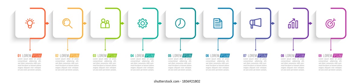 Minimal Business Infographics template. Timeline with 9 steps, options and marketing icons .Vector linear infographic with nine connected elements. Can be use for presentation.
