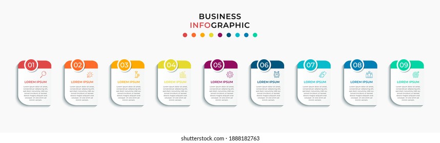 Minimal Business Infographics template. Timeline with 9 nine steps, options and marketing icons .Vector linear infographic with two circle conected elements. Can be use for presentation. Eps10 vector