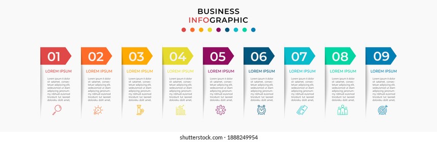 Minimal Business Infographics template. Timeline with 9 nine steps, options and marketing icons .Vector linear infographic with two circle conected elements. Can be use for presentation. Eps10 vector