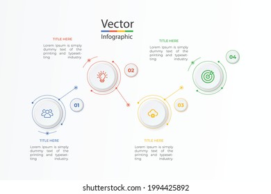 Minimal Business Infographics template. Timeline with 4 steps, options and marketing icons .Vector linear infographic with six circle conected elements.
