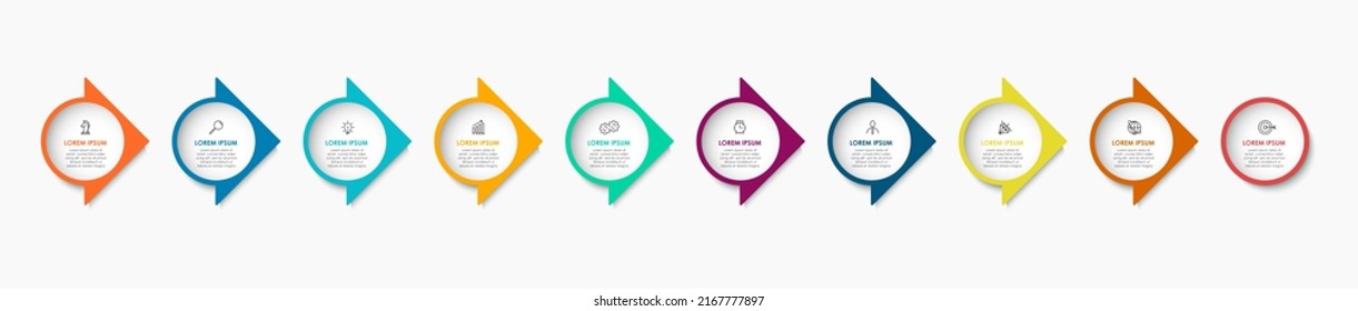 Minimal Business Infographics template. Timeline with 10 steps, options and marketing icons .Vector linear infographic with two circle connected elements. Can be use for presentation.