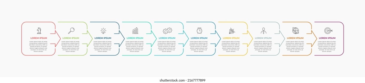 Minimal Business Infographics template. Timeline with 10 steps, options and marketing icons .Vector linear infographic with two circle connected elements. Can be use for presentation.