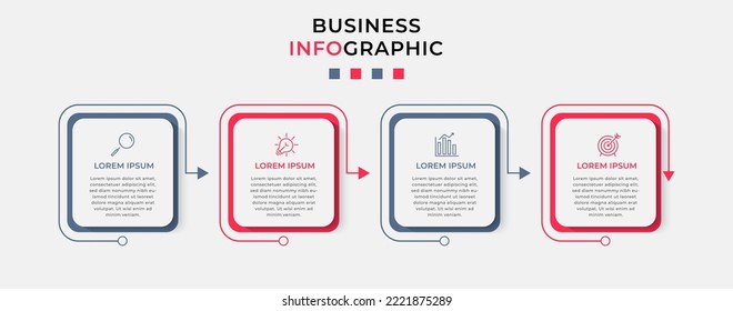 Plantilla mínima de infografías empresariales. Línea de tiempo con 4 pasos, opciones e íconos de marketing .Vector infografía lineal con dos elementos de círculo conectados. Se puede usar para la presentación.