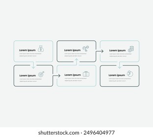 Minimal Business Infographics template. Timeline with 6 steps, options and marketing icons .Vector linear infographic with six square conected elements. Can be use for presentation.