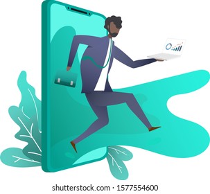 A minimal business working man while jumping out from a smart phone in green minimal color design. A man holding a laptop running in rush hour