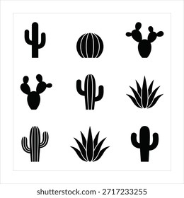 Minimal cactus silhouette icon set in square grid vector illustration