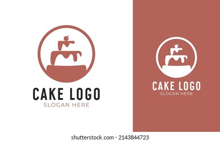 Minimal cake logo design. Cake with cherry and chocolate melted for wedding or birthday party