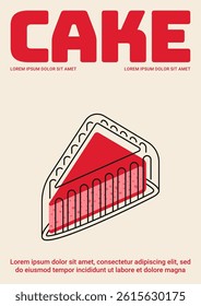 Minimal cake poster with bold red text and stylized dessert slice illustration in retro design