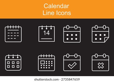 Minimal calendar and date line icons including schedule, event, deadline, reminder, planner, and time management. Editable stroke vector illustration.