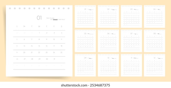 Projeto de calendário mínimo 2025. Design minimalista do calendário 2025 com páginas mensais. Números em vez de meses