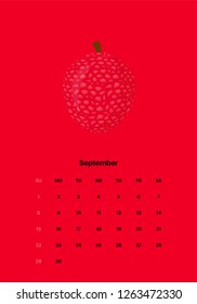 Minimal calendar design with fruits for 2019. September, Lychee. Week starts on Sunday. Fresh tropical exotic fruits. Trendy vector collection.