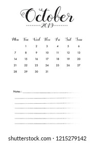 Minimal Calendar design for October of 2019 with notes space for desk planner and organiser the appointment.