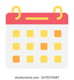 Icono de calendario mínimo con encabezado rojo y bloques de fecha amarillos para la interfaz de usuario, eventos y programación.