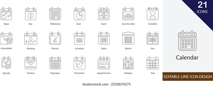 Minimal calendar icon set featuring schedule symbols, date markers, event planning signs, deadline reminders, monthly planner outlines, and time-management elements.