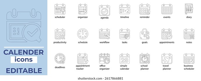 Minimal calendar icon set perfect for planners, scheduling apps, deadlines, reminders, and productivity tools