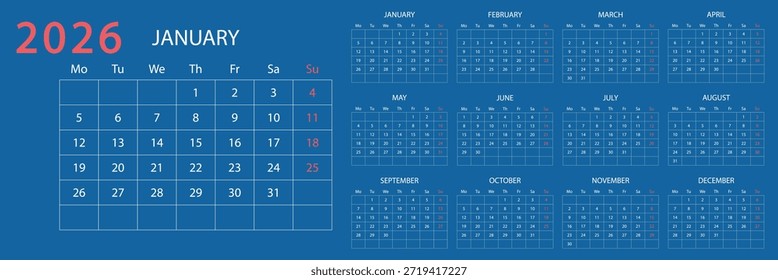 Mínimo diseño del calendario. Año completo de diseño moderno. Calendario 2026 inicio de semana Lunes Plantilla de planificador de diseño corporativo. Calendario 2026. Planificador diario para el año 2026. colección de arte con días Vector