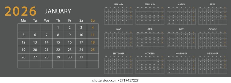 Minimal Calendar Layout. Full Year Modern Design. Calendar 2026 week start Monday corporate design planner template. Calendar planner 2026. Diary planner for 2026 year. art collection with days vector