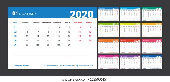 Minimal Calendar Planner Template for 2020. Vector design editable template and Memo Space.Colorful set.