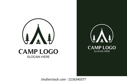 Minimal camp logo design. Camping with campfire and pine tree. Outdoor recreation with nature wild concept