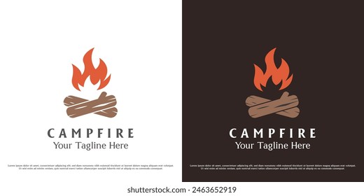 Minimal campfire logo design illustration. Silhouette of firewood fire forest travel adventure camping tent flame hill. Simple flat icon symbol of old vintage classic elements stamp label emblem.