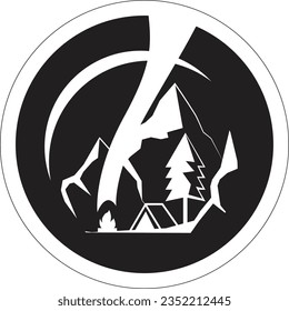 minimal camping  Camping in mounts Line art concept. Mountains tent pine trees landscape. Outdoor rest, trekking, activity sport. campfire,Flat line vector illustrati on black background