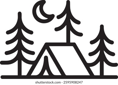 Minimal camping scene with pine trees, moon, for outdoor designs