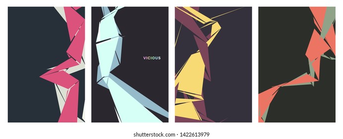 Minimal card design collection, simple polygon style inspired by anime / manga robot design, dark urban pastel color nostalgic feeling