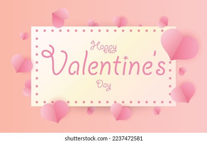 Minimal card Happy Valentine's Day. Paper-cut heart elements decorate greeting cards in sweet colors. vector illustration text on square paper frame