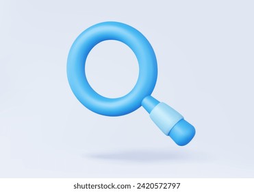 Minimal cartoon 3d icon magnifying search engine blue coloured. searching, find people or stories of interest on platform internet and social media. Information networking concept. 3d vector