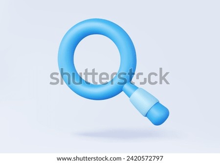 Minimal cartoon 3d icon magnifying search engine blue coloured. searching, find people or stories of interest on platform internet and social media. Information networking concept. 3d vector