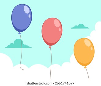 Desenho animado mínimo de balões coloridos flutuando para cima em uma ilustração do vetor do céu brilhante. Desenho para convites, temas de celebração e planos de fundo festivos