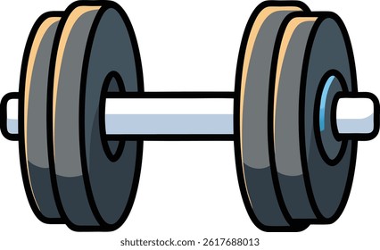 Minimal Cartoon Dumbbell Vector — Black Weight Plates with Silver Bar, Transparent Background